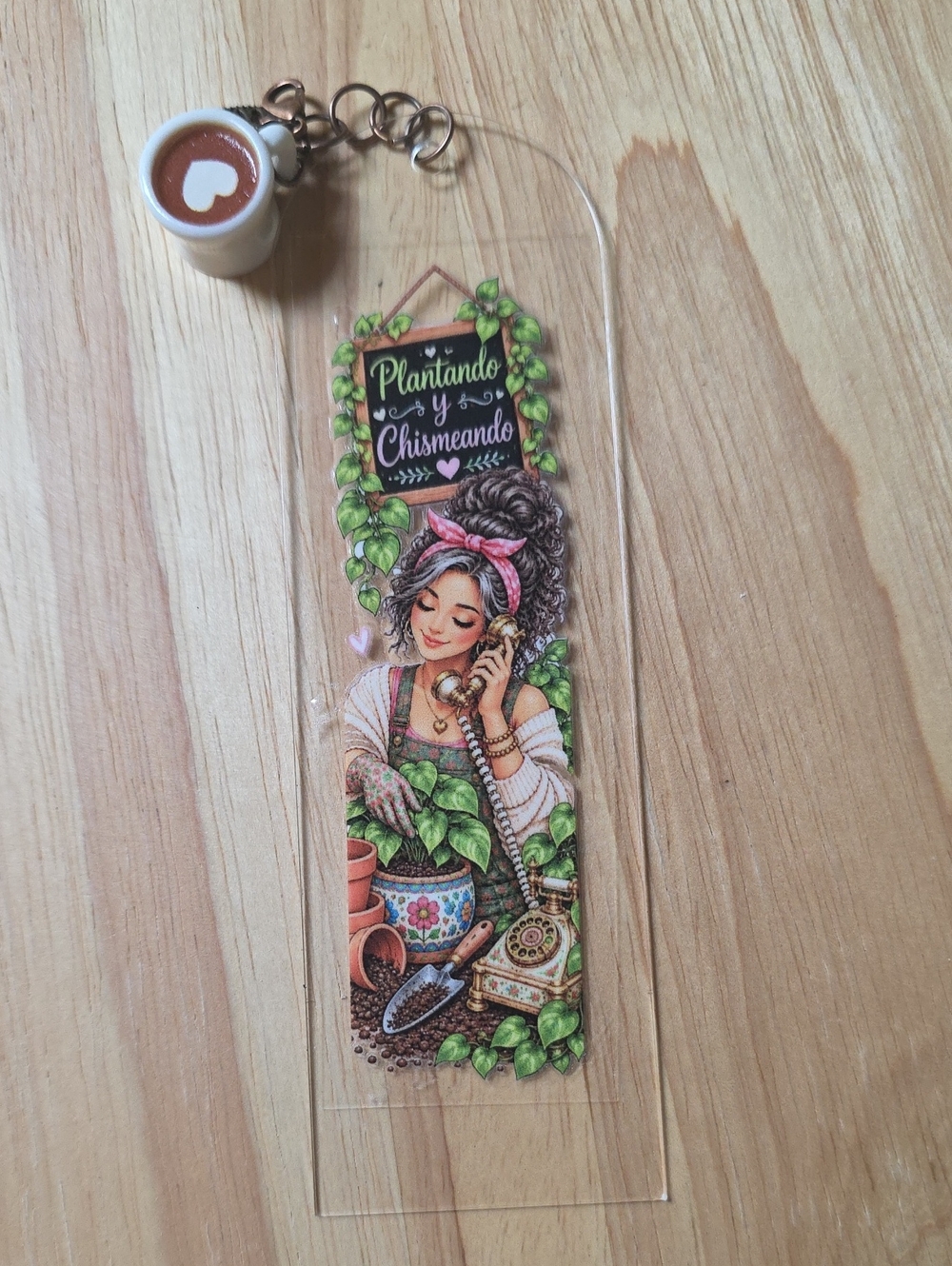 Plantando y Chismeando Acrylic Bookmark w/ Coffee & Leaf Charms